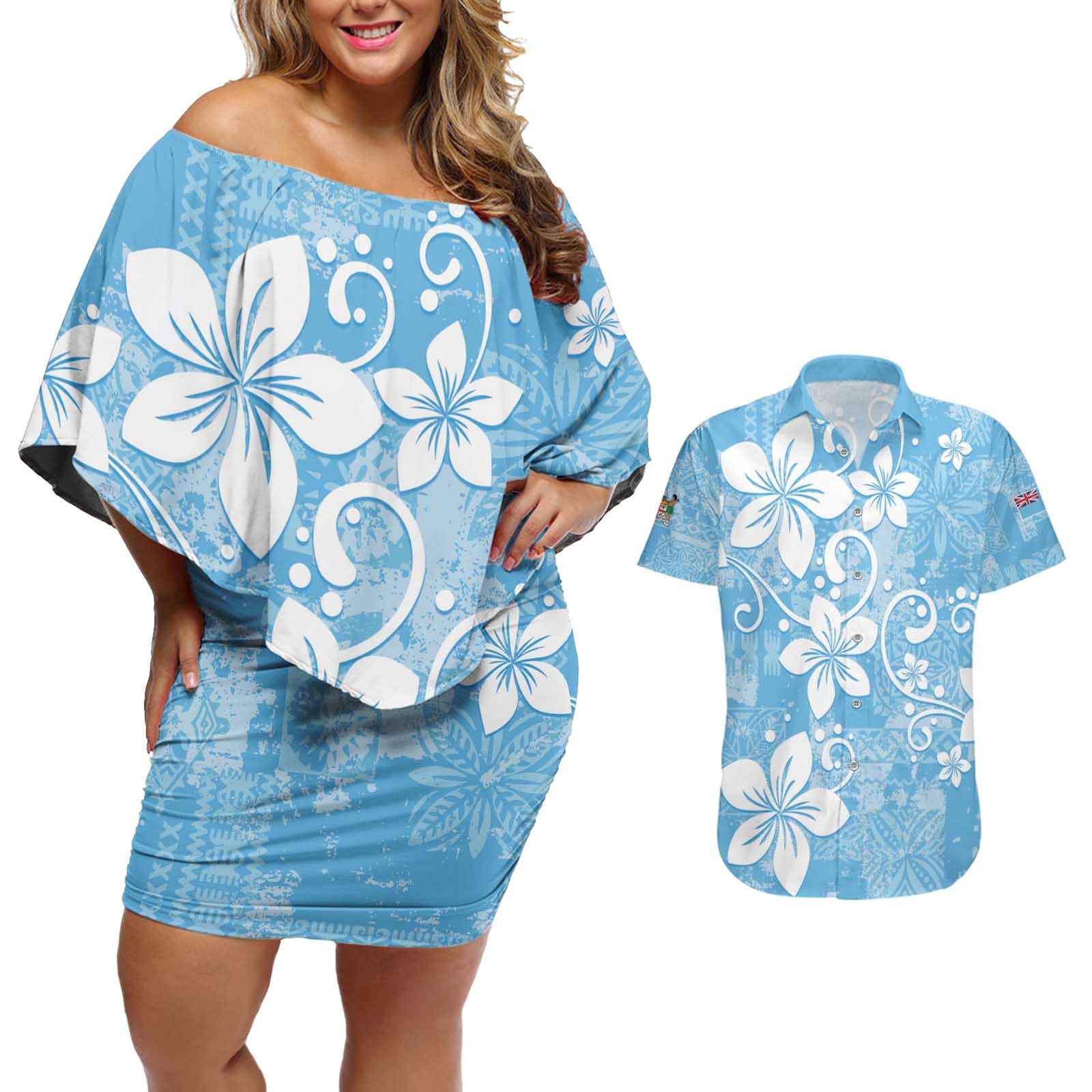 Fiji Tapa Pattern Couples Matching Off Shoulder Short Dress and Hawaiian Shirt Plumeria Floral LT01 Blue - Polynesian Pride