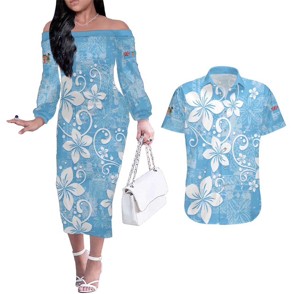 Fiji Tapa Pattern Couples Matching Off The Shoulder Long Sleeve Dress and Hawaiian Shirt Plumeria Floral LT01 Blue - Polynesian Pride