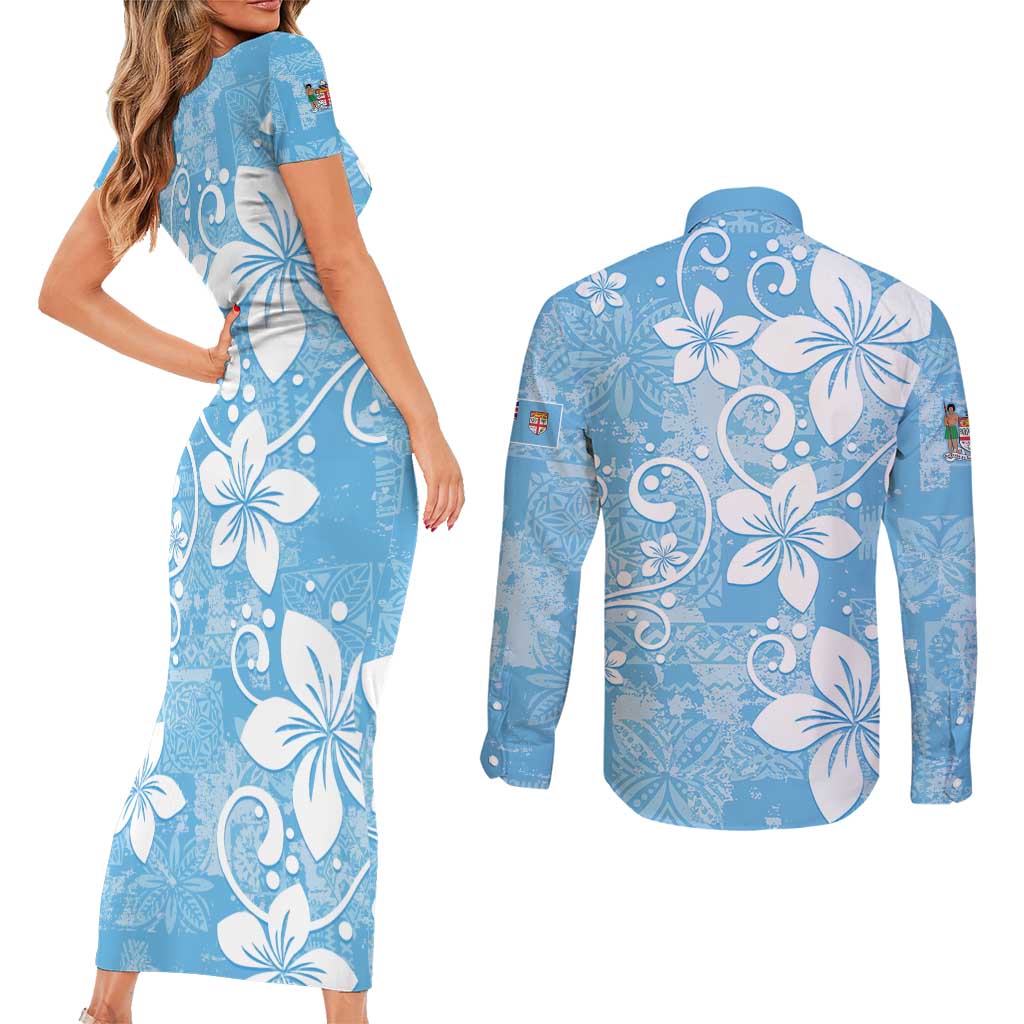 Fiji Tapa Pattern Couples Matching Short Sleeve Bodycon Dress and Long Sleeve Button Shirt Plumeria Floral