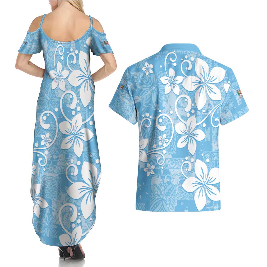 Fiji Tapa Pattern Couples Matching Summer Maxi Dress and Hawaiian Shirt Plumeria Floral