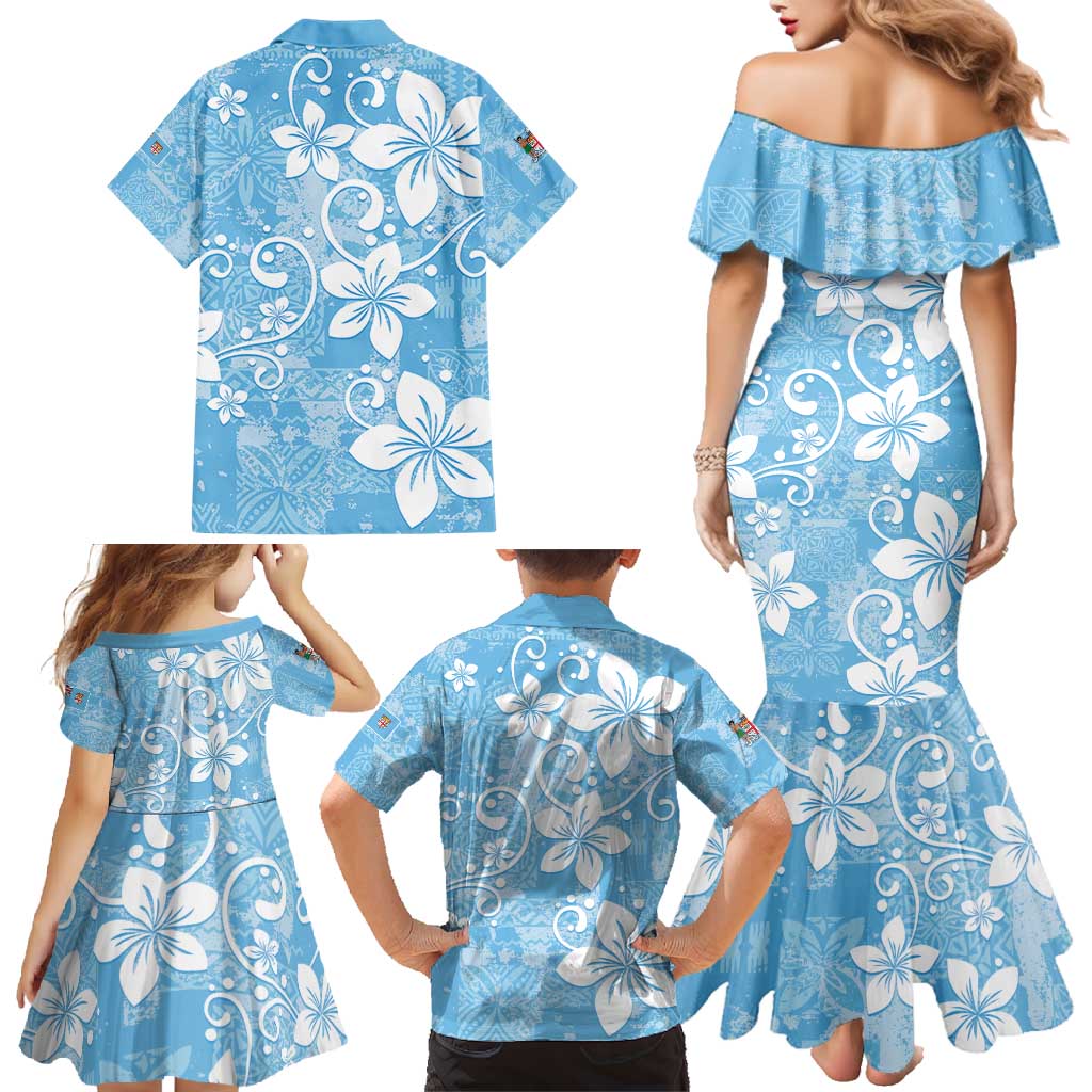Fiji Tapa Pattern Family Matching Mermaid Dress and Hawaiian Shirt Plumeria Floral