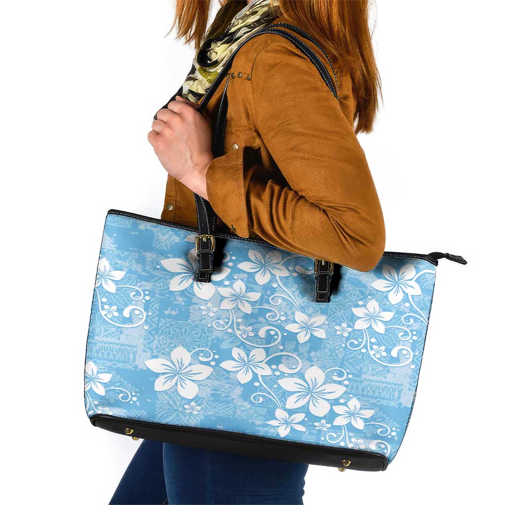 Fiji Tapa Pattern Leather Tote Bag Plumeria Floral LT01 Blue - Polynesian Pride