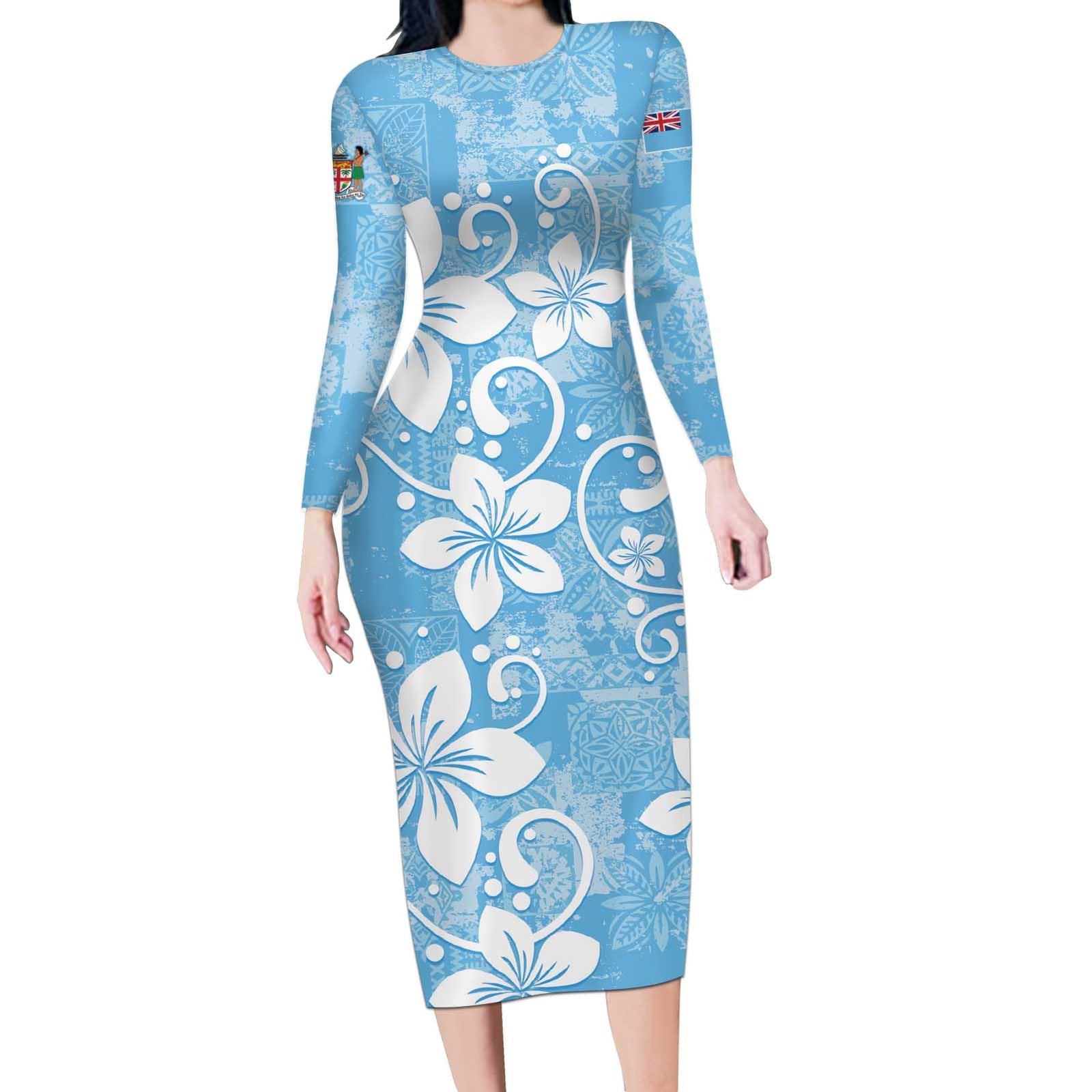 Fiji Tapa Pattern Long Sleeve Bodycon Dress Plumeria Floral LT01 Long Dress Blue - Polynesian Pride