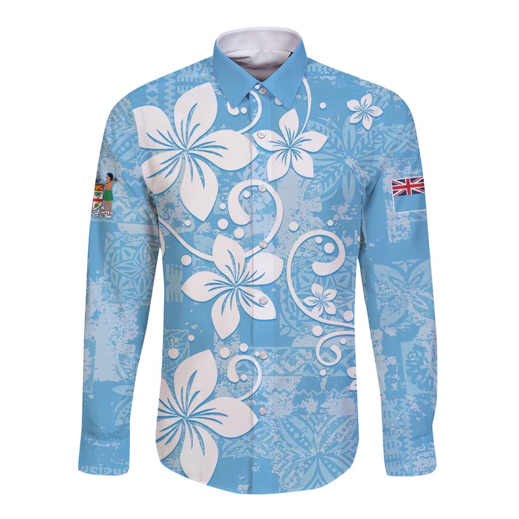 Fiji Tapa Pattern Long Sleeve Button Shirt Plumeria Floral LT01 Unisex Blue - Polynesian Pride