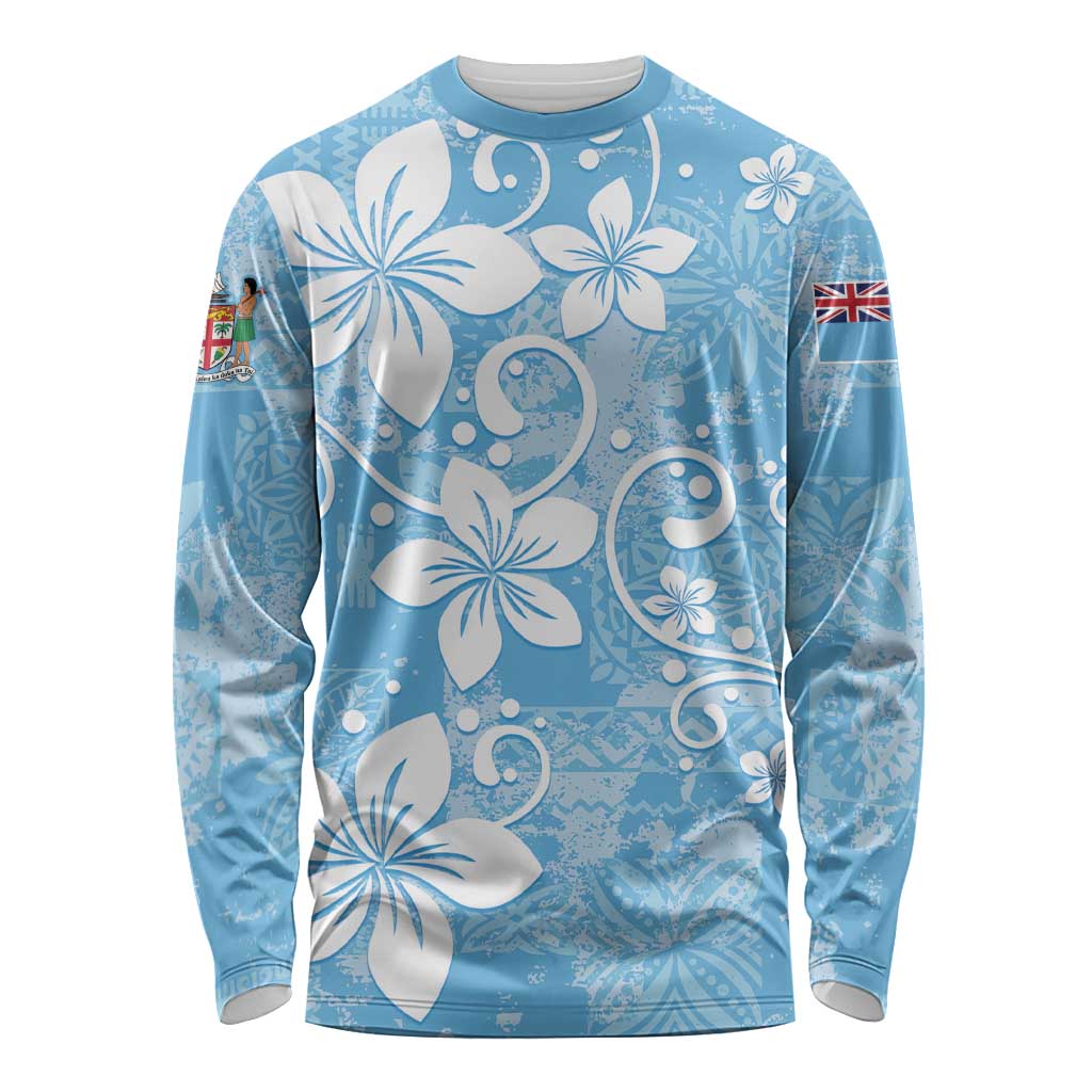 Fiji Tapa Pattern Long Sleeve Shirt Plumeria Floral LT01 Unisex Blue - Polynesian Pride
