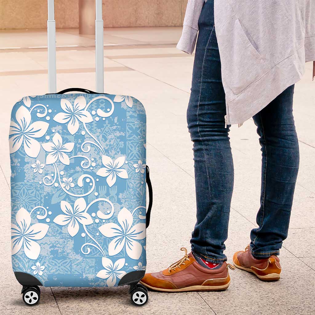Fiji Tapa Pattern Luggage Cover Plumeria Floral LT01 Blue - Polynesian Pride