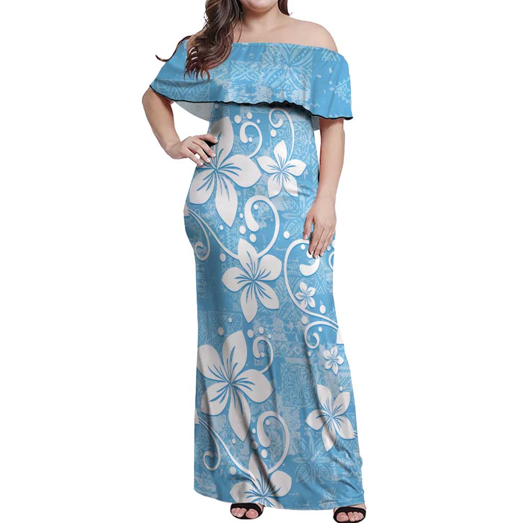 Fiji Tapa Pattern Off Shoulder Maxi Dress Plumeria Floral LT01 Women Blue - Polynesian Pride