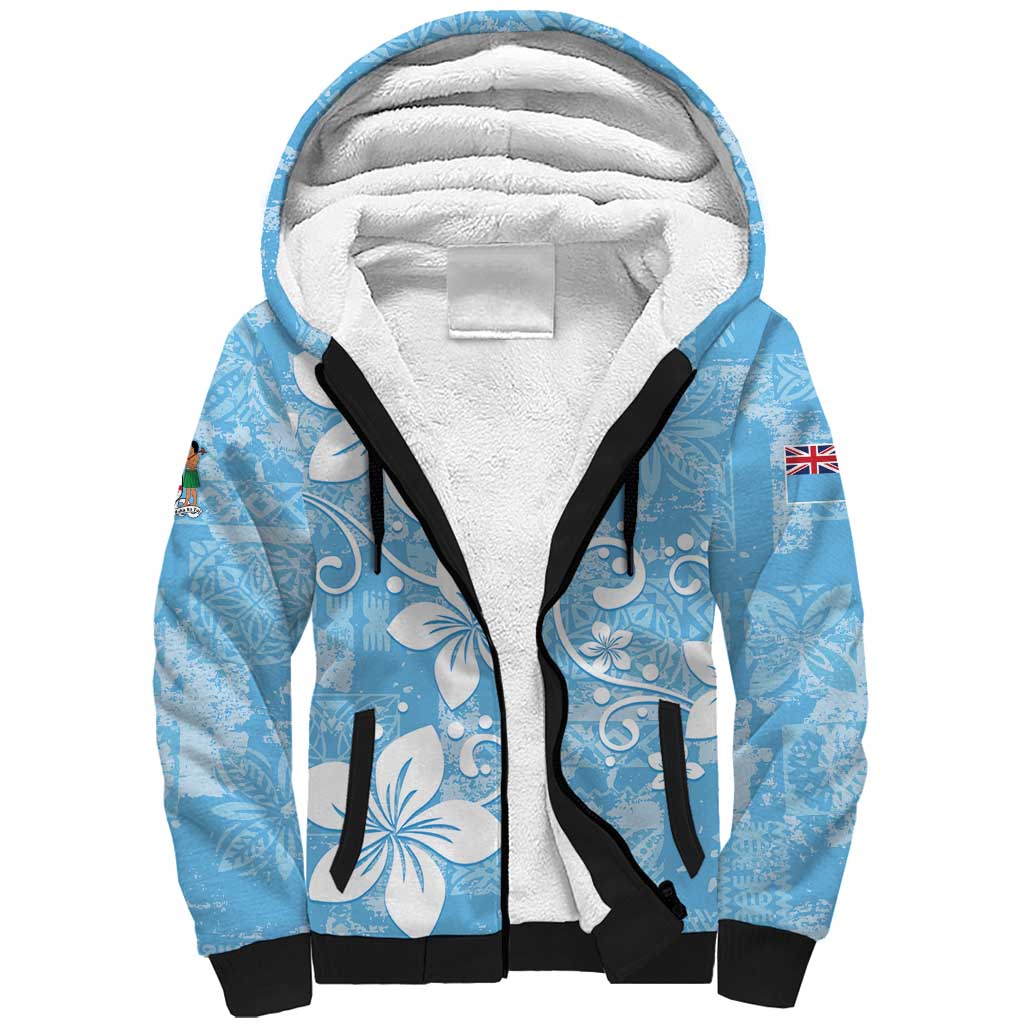 Fiji Tapa Pattern Sherpa Hoodie Plumeria Floral LT01 Unisex Blue - Polynesian Pride