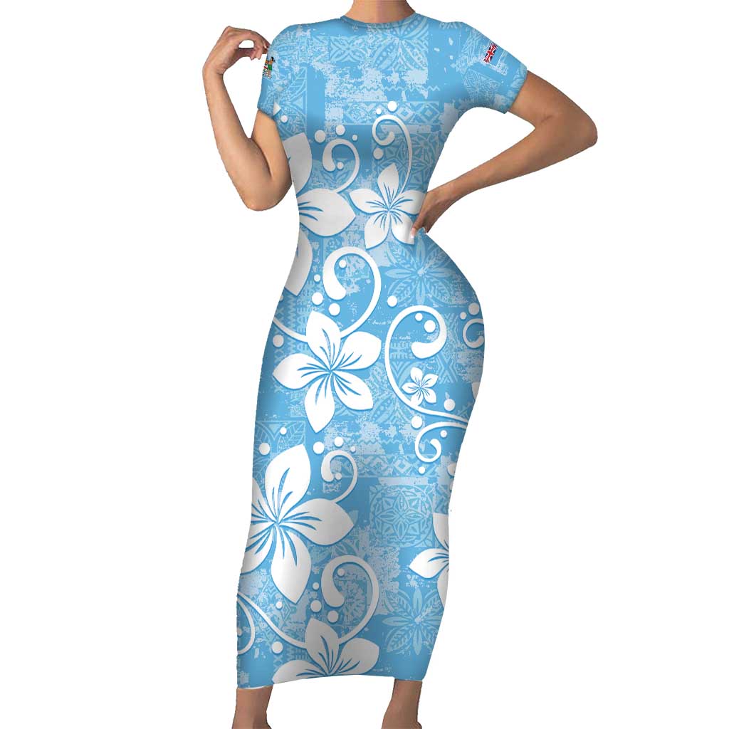 Fiji Tapa Pattern Short Sleeve Bodycon Dress Plumeria Floral LT01 Long Dress Blue - Polynesian Pride
