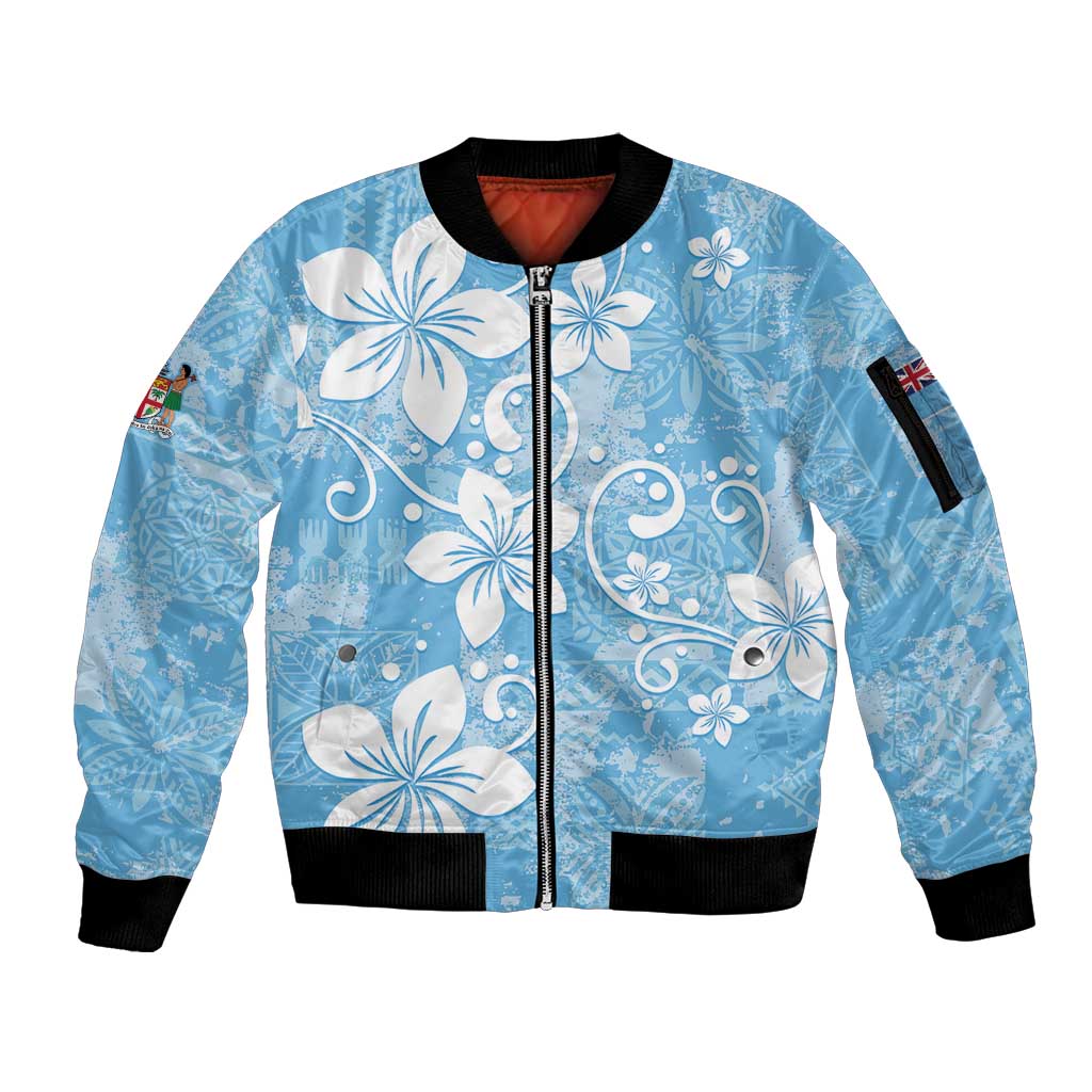 Fiji Tapa Pattern Sleeve Zip Bomber Jacket Plumeria Floral LT01 Unisex Blue - Polynesian Pride