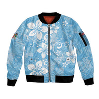 Fiji Tapa Pattern Sleeve Zip Bomber Jacket Plumeria Floral LT01 Unisex Blue - Polynesian Pride