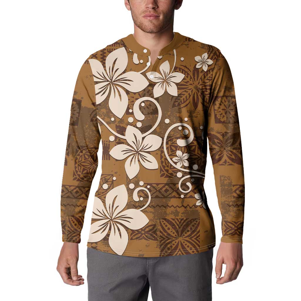 Plumeria Floral Tapa Pattern Vintage Gold Button Sweatshirt