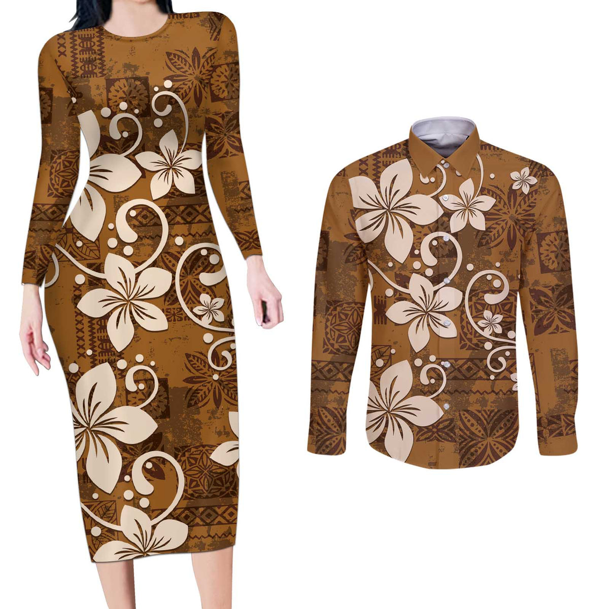 Plumeria Floral Tapa Pattern Vintage Gold Couples Matching Long Sleeve Bodycon Dress and Long Sleeve Button Shirt