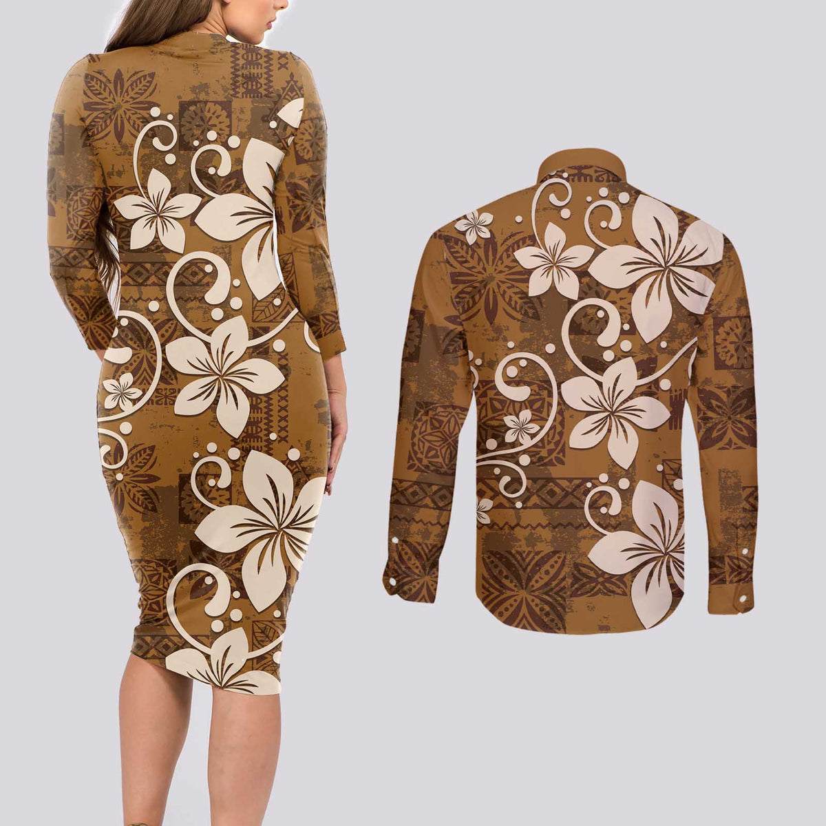 Plumeria Floral Tapa Pattern Vintage Gold Couples Matching Long Sleeve Bodycon Dress and Long Sleeve Button Shirt