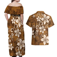 Plumeria Floral Tapa Pattern Vintage Gold Couples Matching Off Shoulder Maxi Dress and Hawaiian Shirt