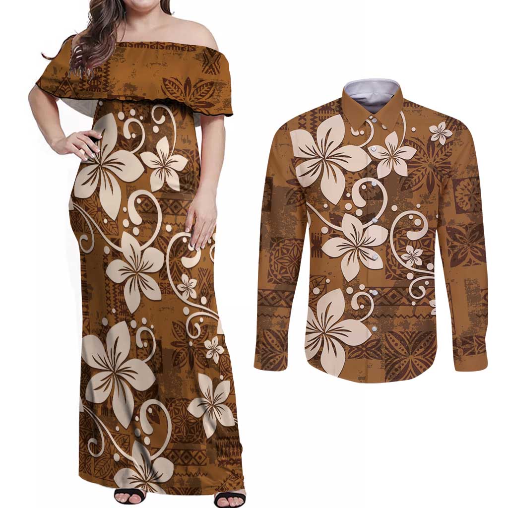 Plumeria Floral Tapa Pattern Vintage Gold Couples Matching Off Shoulder Maxi Dress and Long Sleeve Button Shirt
