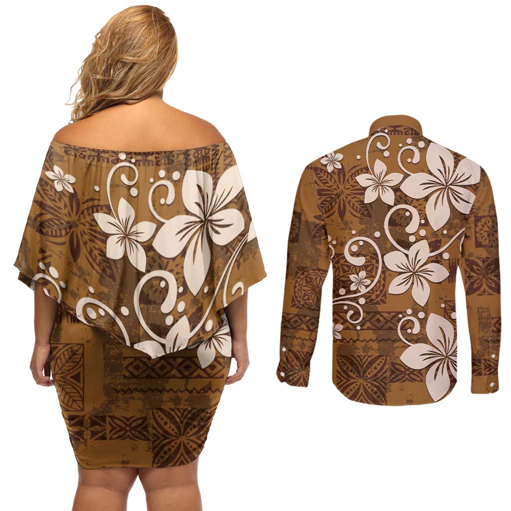 Plumeria Floral Tapa Pattern Vintage Gold Couples Matching Off Shoulder Short Dress and Long Sleeve Button Shirt