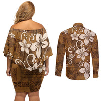 Plumeria Floral Tapa Pattern Vintage Gold Couples Matching Off Shoulder Short Dress and Long Sleeve Button Shirt