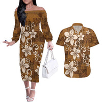 Plumeria Floral Tapa Pattern Vintage Gold Couples Matching Off The Shoulder Long Sleeve Dress and Hawaiian Shirt