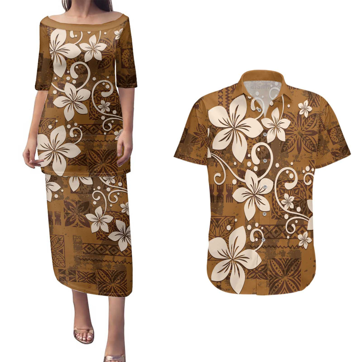 Plumeria Floral Tapa Pattern Vintage Gold Couples Matching Puletasi and Hawaiian Shirt