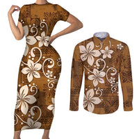 Plumeria Floral Tapa Pattern Vintage Gold Couples Matching Short Sleeve Bodycon Dress and Long Sleeve Button Shirt