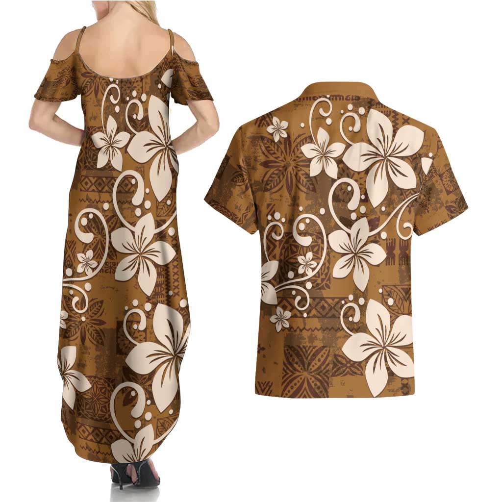 Plumeria Floral Tapa Pattern Vintage Gold Couples Matching Summer Maxi Dress and Hawaiian Shirt