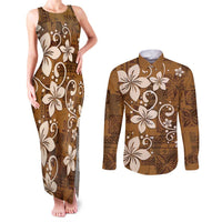 Plumeria Floral Tapa Pattern Vintage Gold Couples Matching Tank Maxi Dress and Long Sleeve Button Shirt