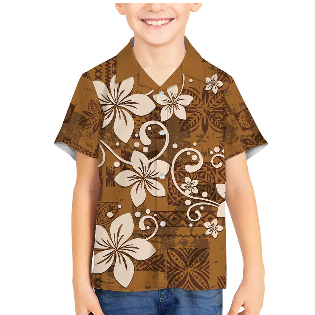 Plumeria Floral Tapa Pattern Vintage Gold Family Matching Mermaid Dress and Hawaiian Shirt