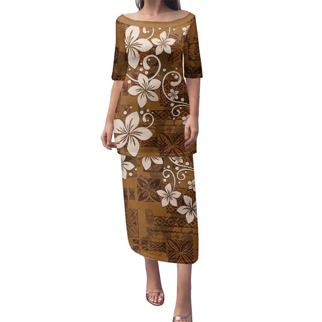 Plumeria Floral Tapa Pattern Vintage Gold Family Matching Puletasi and Hawaiian Shirt