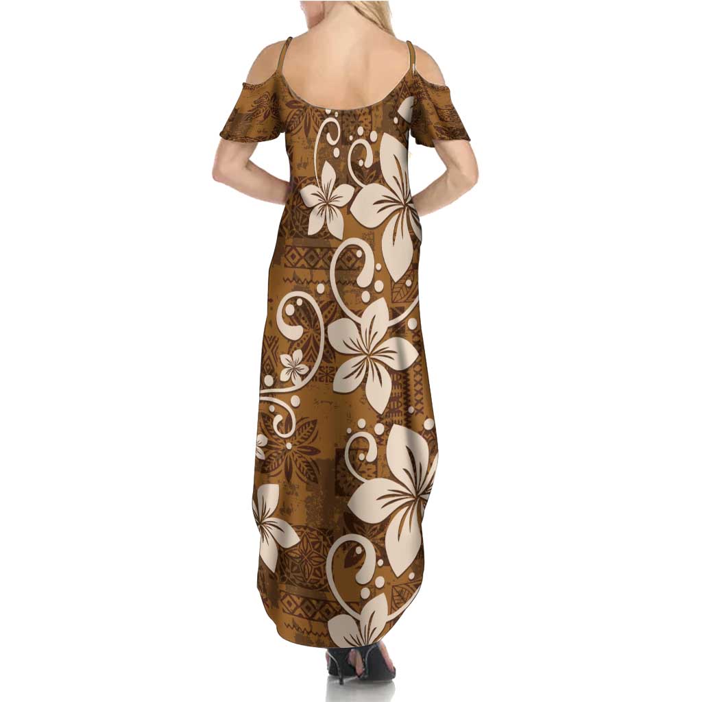 Plumeria Floral Tapa Pattern Vintage Gold Family Matching Summer Maxi Dress and Hawaiian Shirt