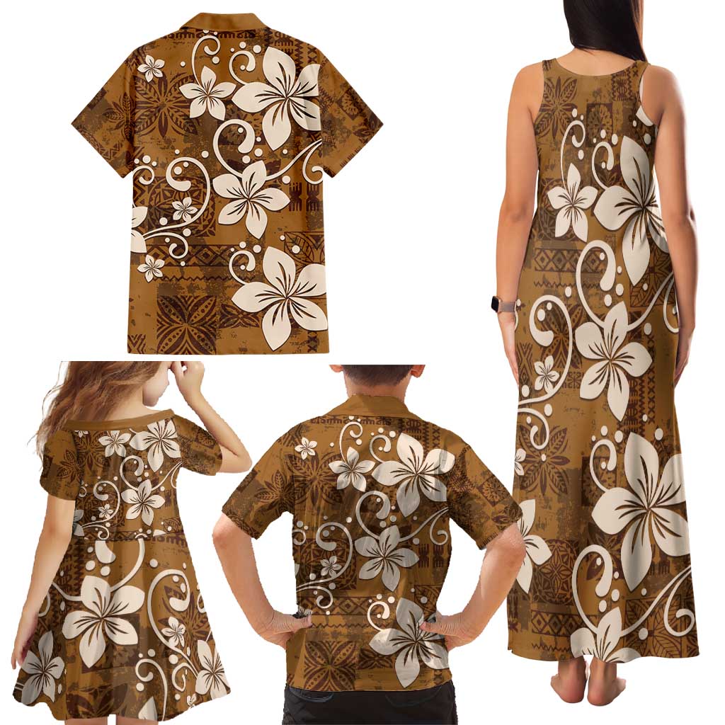 Plumeria Floral Tapa Pattern Vintage Gold Family Matching Tank Maxi Dress and Hawaiian Shirt