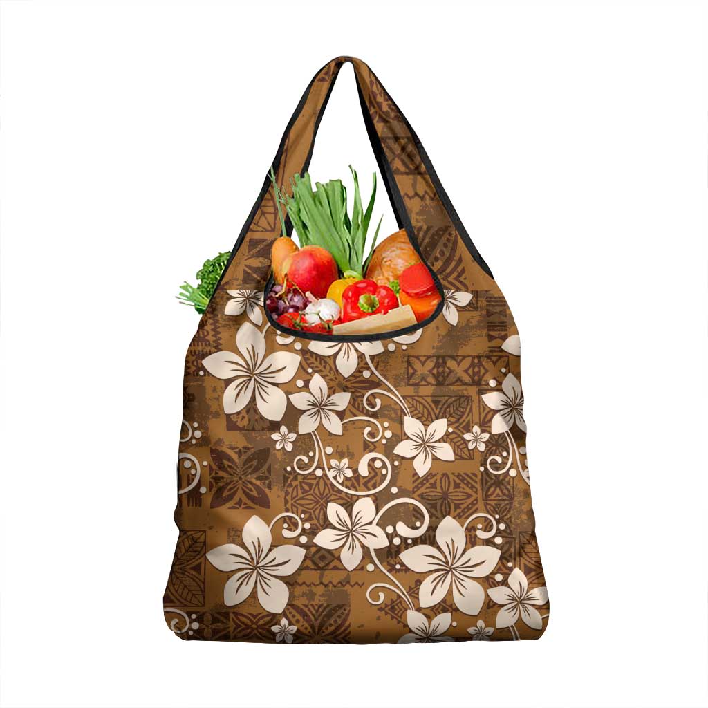 Plumeria Floral Tapa Pattern Vintage Gold Grocery Bag