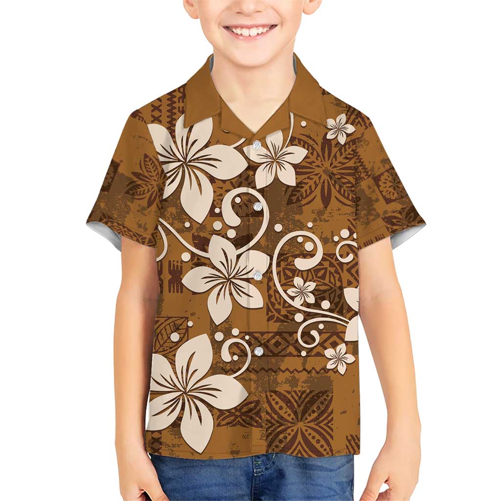 Plumeria Floral Tapa Pattern Vintage Gold Kid Hawaiian Shirt