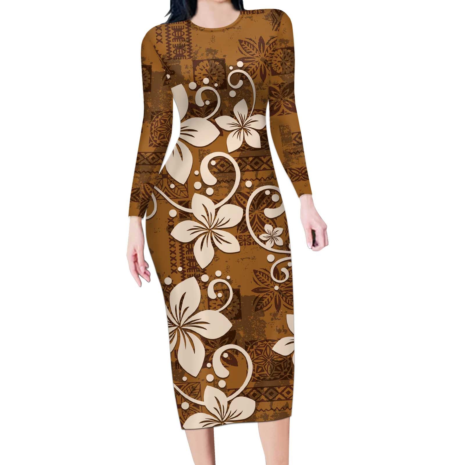 Plumeria Floral Tapa Pattern Vintage Gold Long Sleeve Bodycon Dress LT01 Long Dress Gold - Polynesian Pride