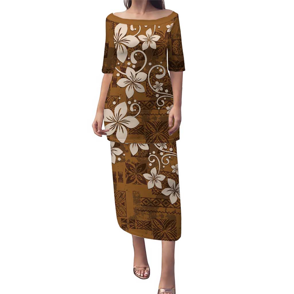 Plumeria Floral Tapa Pattern Vintage Gold Puletasi