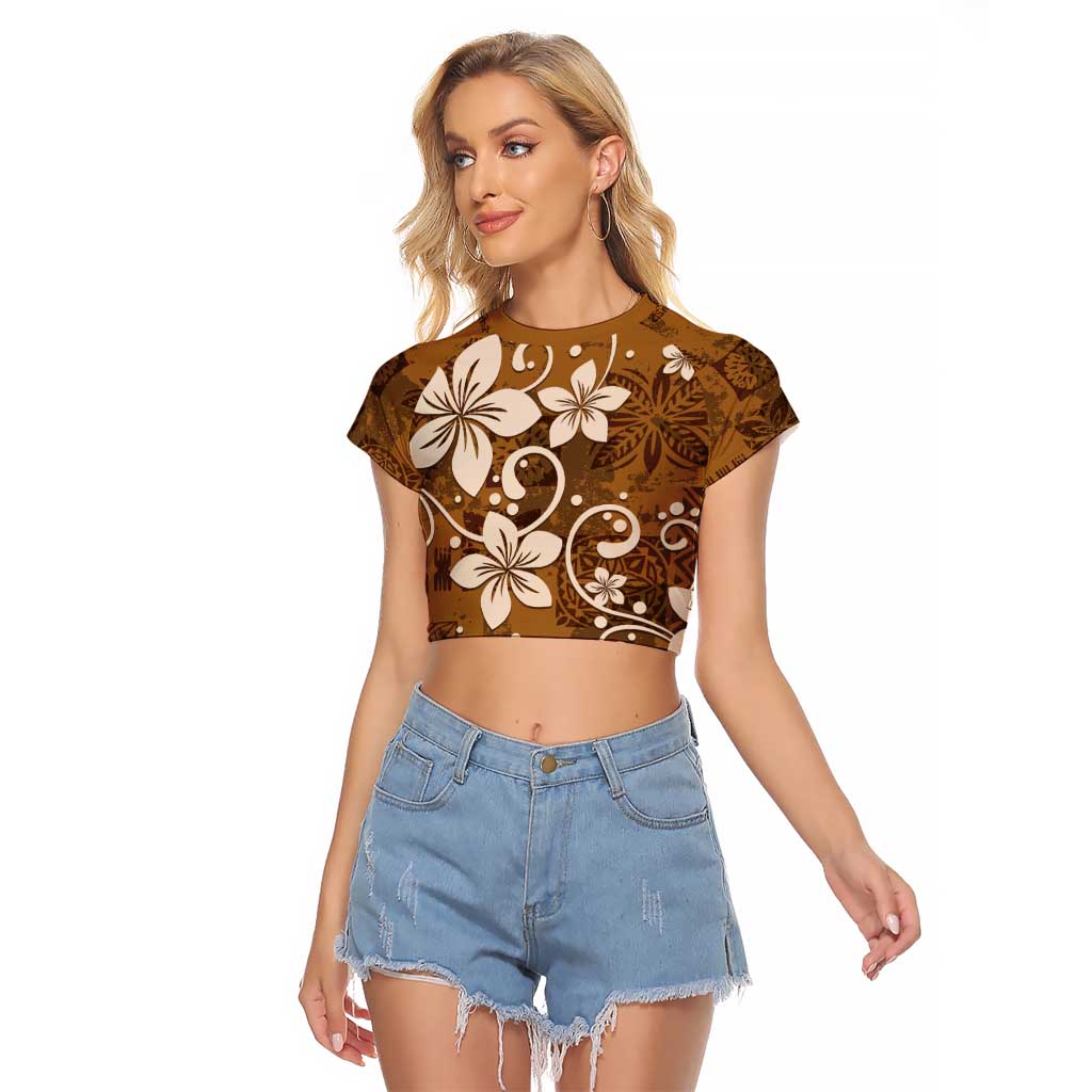 Plumeria Floral Tapa Pattern Vintage Gold Raglan Cropped T Shirt