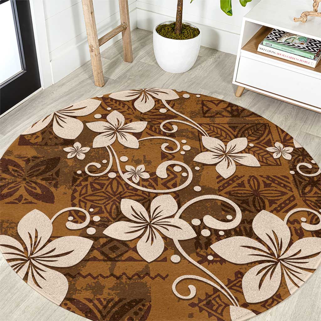 Plumeria Floral Tapa Pattern Vintage Gold Round Carpet LT01 Gold - Polynesian Pride