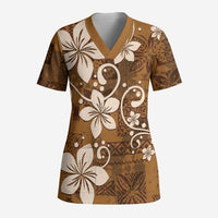 Plumeria Floral Tapa Pattern Vintage Gold Scrub Top - Polynesian Pride