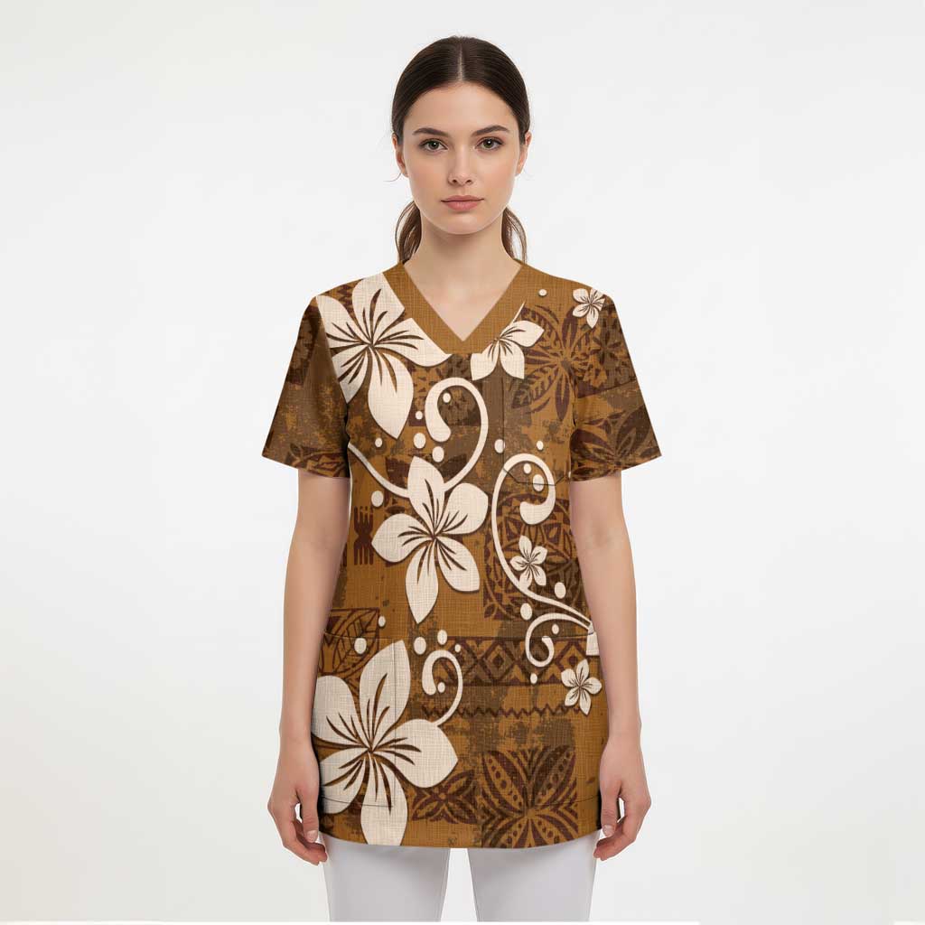 Plumeria Floral Tapa Pattern Vintage Gold Scrub Top - Polynesian Pride