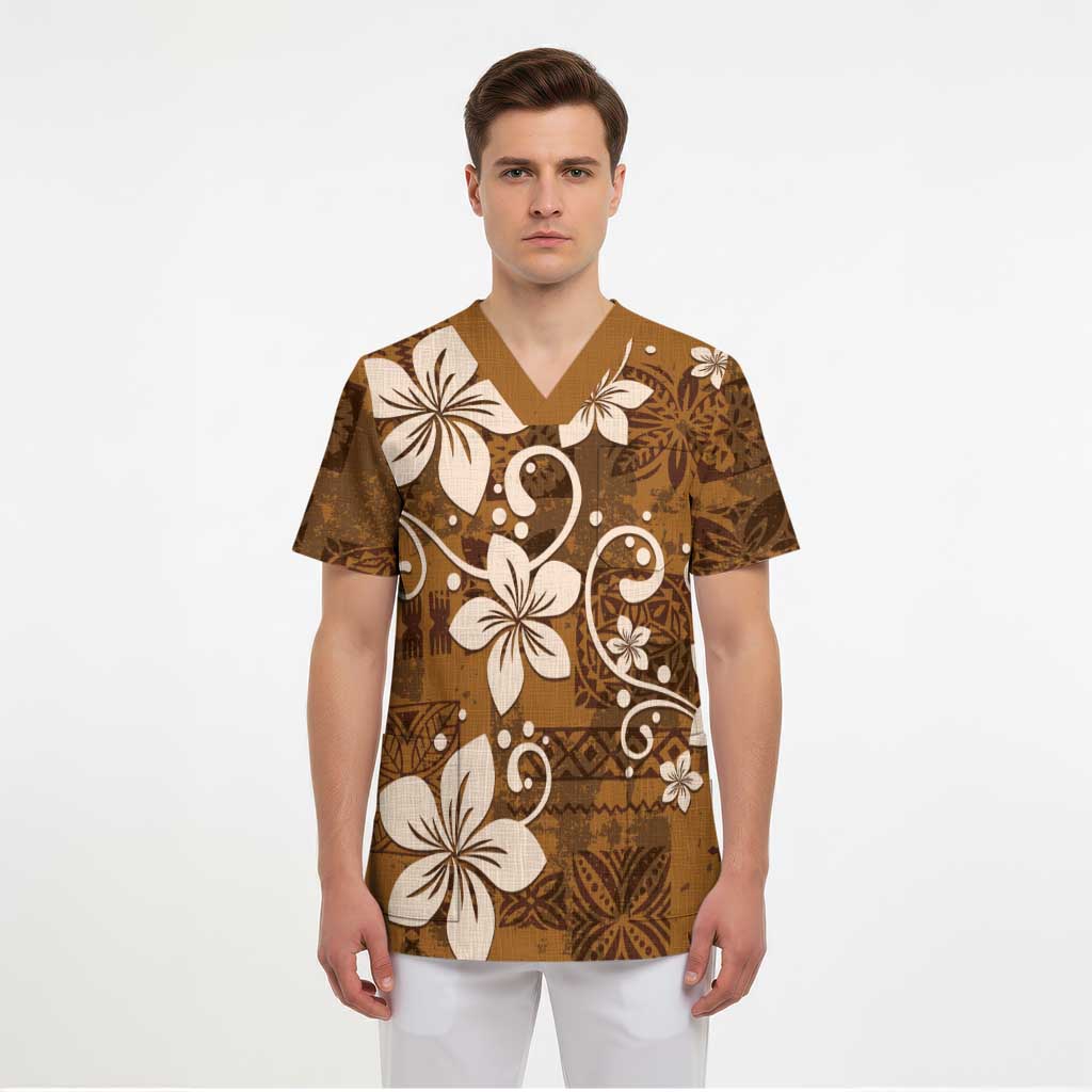 Plumeria Floral Tapa Pattern Vintage Gold Scrub Top - Polynesian Pride