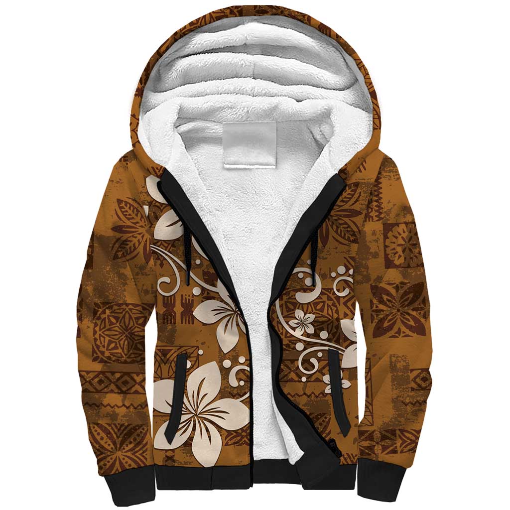 Plumeria Floral Tapa Pattern Vintage Gold Sherpa Hoodie