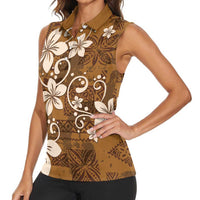 Plumeria Floral Tapa Pattern Vintage Gold Women Sleeveless Polo Shirt
