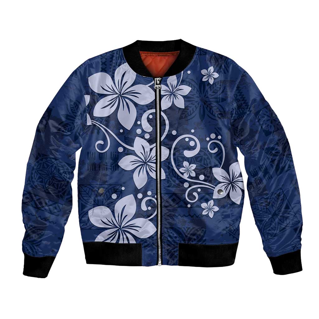 Plumeria Floral Tapa Pattern Navy Blue Bomber Jacket LT01 Unisex Blue - Polynesian Pride