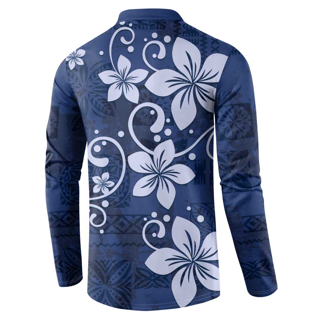 Plumeria Floral Tapa Pattern Navy Blue Button Sweatshirt