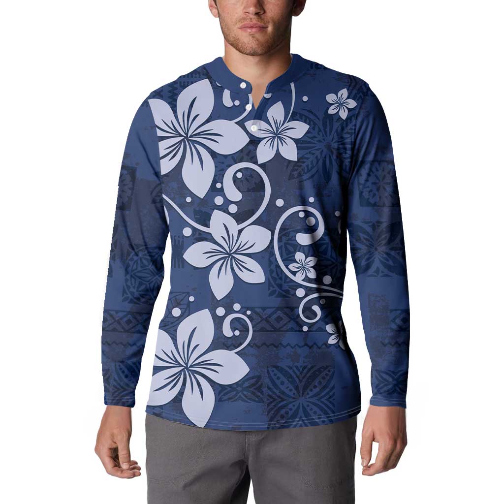 Plumeria Floral Tapa Pattern Navy Blue Button Sweatshirt
