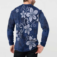 Plumeria Floral Tapa Pattern Navy Blue Button Sweatshirt