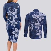 Plumeria Floral Tapa Pattern Navy Blue Couples Matching Long Sleeve Bodycon Dress and Long Sleeve Button Shirt