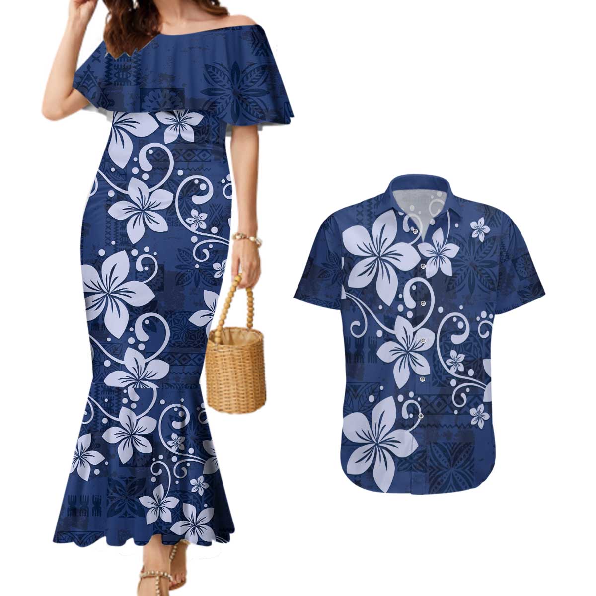 Plumeria Floral Tapa Pattern Navy Blue Couples Matching Mermaid Dress and Hawaiian Shirt LT01 Blue - Polynesian Pride