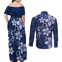 Plumeria Floral Tapa Pattern Navy Blue Couples Matching Off Shoulder Maxi Dress and Long Sleeve Button Shirt