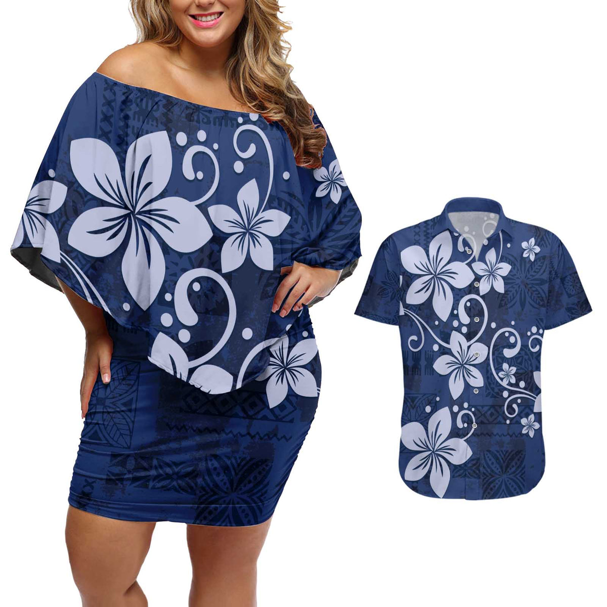 Plumeria Floral Tapa Pattern Navy Blue Couples Matching Off Shoulder Short Dress and Hawaiian Shirt